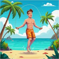Man Skipping Rope on Beach with Palm Trees and Ocean View vector