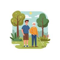 Man Helping Senior Walking with Cane in Park Illustration vector