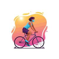 Woman Cycling with Mask Against Sunset Backdrop for Health and Fitness vector