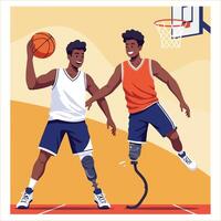 Adaptive Basketball Players in Action Playing Game with Prosthetic Limbs vector