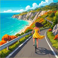 Woman Cycling Coastal Road with Ocean View and Scenic Cliffside vector