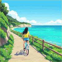 Woman Cycling Along Coastal Path with Ocean View on Sunny Day vector