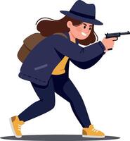 Dynamic female character in a navy jacket and hat holding a gun while running in a minimal flat illustration vector