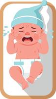Crying infant in a light blue hat and diaper, illustrated in a flat and minimal design, expressing distress in art vector