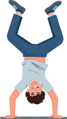A young boy performing a handstand on a grey mat in a playful, cheerful manner, illustrated in a flat art style