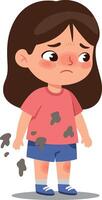 A sad young girl with messy clothes standing alone in a flat, colorful illustration showcasing her disappointment and innocence in a playful style of art vector
