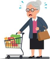 An elderly woman with glasses looking worried while pushing a shopping cart filled with colorful groceries in flat art vector