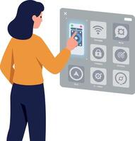 A woman interacting with a digital touchscreen panel in a modern setting, showcasing flat design art vector