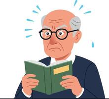 An elderly man with glasses displaying concern while reading a green book in a flat illustration style, evoking curiosity and contemplation in art vector