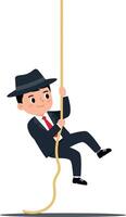 A businessman in a suit confidently descending a rope with determination, showcasing a flat design style in vibrant colors, illustration vector