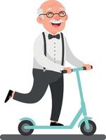 Cheerful elderly man in formal attire joyfully riding a scooter in a playful and lively flat illustration vector