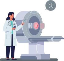 A female doctor in a white lab coat standing beside a futuristic medical scanning machine, executing a procedure in a flat illustration vector