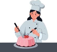 Chef in a white uniform joyfully decorating a pink cake with cherries in a minimal illustration vector