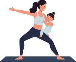 Mother practicing yoga with her baby in a dynamic warrior pose, flat design art vector