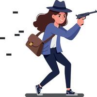 Dynamic woman in a blue jacket and hat running while aiming a pistol in a flat art style vector