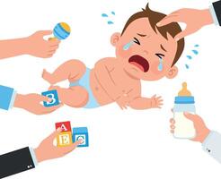 A distressed baby crying while being offered toys, a bottle, and attention in a flat illustration depicting parental care and concern vector