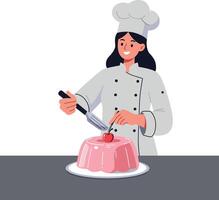Cheerful female chef in a white uniform delicately slicing a pink jelly dessert with a fork in a minimal illustration vector