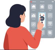 Woman interacting with a digital remote control interface in a flat design style showcasing modern technology and user engagement in art vector