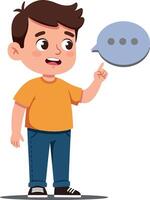 Cheerful boy in orange shirt gesturing while talking with speech bubble in flat illustration vector