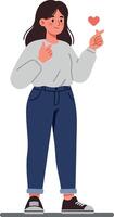 A young woman in casual attire expressing affection with a heart gesture in a flat, cheerful illustration vector