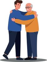 Two men embracing in a warm, heartfelt moment, featuring a flat design style with vibrant colors, conveying joy and connection in art vector