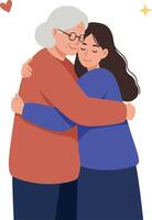 Two women embracing in a warm and loving manner, featuring a minimal design style, conveying affection and joy, illustration vector