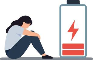 A woman sitting on the floor beside a low battery icon in a flat, minimal style illustration depicting exhaustion and low energy levels in a modern setting vector