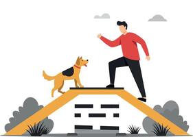 A man enthusiastically training his golden dog on a colorful agility ramp in a cheerful and playful flat illustration vector