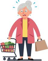 Elderly woman with a shocked expression holding a shopping cart and a paper bag in a minimal illustration vector