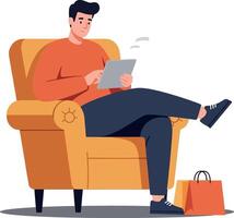 A young man relaxing on a cozy orange armchair while browsing a tablet, modern flat illustration capturing a casual indoor lifestyle setting vector