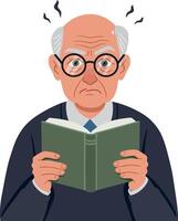 An elderly man with round glasses anxiously reading a book in a minimal flat design style illustration vector