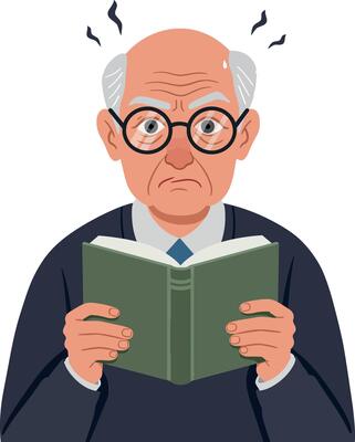 An elderly man with round glasses anxiously reading a book in a minimal flat design style illustration