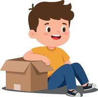 A cheerful boy in a yellow shirt sitting beside a cardboard box, showcasing a flat, playful design style in vibrant art vector