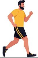 Active man jogging in sporty attire with a determined expression, showcasing vibrant colors and dynamic movement in flat art vector