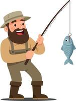 A cheerful fisherman with a beard catching a fish on a sunny day in a flat illustration style showcasing outdoor leisure activities and joy in art vector