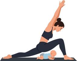 A mother practicing yoga in a warrior pose while her baby crawls playfully on the mat, showcasing a flat and vibrant design style in art vector