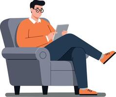 A man sitting comfortably in a grey armchair, reading a tablet, with a relaxed expression in a flat illustration vector