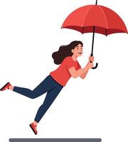 A cheerful woman in a red shirt joyfully holding a red umbrella while playfully running across a minimalist white background in flat art vector