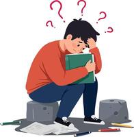 A young male student with a green book sitting on grey blocks, displaying frustration and confusion in a flat illustration vector