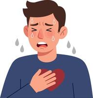 A distressed man holding a heart symbol in his chest, expressing sadness and emotion in a flat illustration, showcasing vulnerability and human feelings in a poignant scene vector