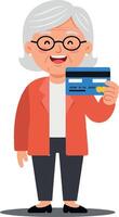 Happy elderly woman smiling while holding a credit card in a flat, colorful illustration showcasing her joyful expression and modern attire vector