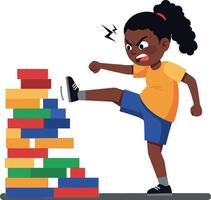 A girl in a yellow shirt kicking a colorful tower of blocks in a flat and vibrant illustration filled with playful energy and expressive emotion vector