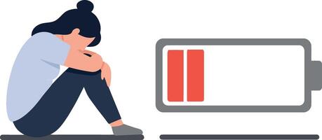 A woman sitting on the floor, hugging her knees, next to a low battery symbol in a flat design illustration vector