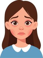 A young girl with brown hair and expressive eyes in a flat style conveying sadness through her subtle features and worried expression in illustration vector