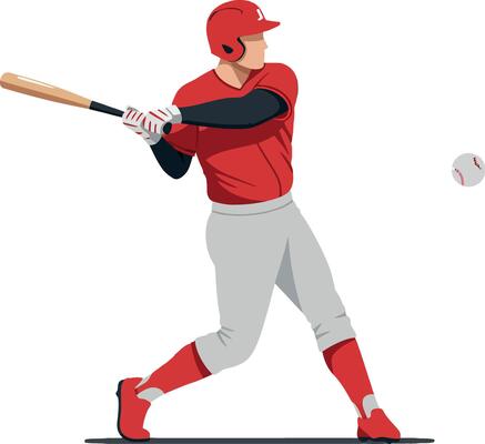 A baseball player in red uniform swinging a bat with focus and determination in a flat style art