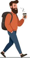A man with a beard wearing a sweater and jeans walks confidently while holding a coffee cup in a flat illustration vector