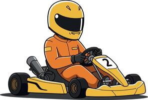 Go-kart racer in bright orange jumpsuit and helmet, driving a yellow kart with number two, in a playful flat design art vector