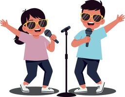 Two joyful children singing together on stage with microphones in a flat, colorful illustration showcasing their excitement and playful energy vector