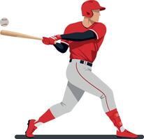 Baseball player in red uniform swinging bat with focus and determination, minimal style illustration vector