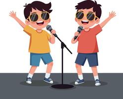 Two cheerful boys singing together on stage in bright summer outfits, showcasing a fun and lively atmosphere, flat art vector